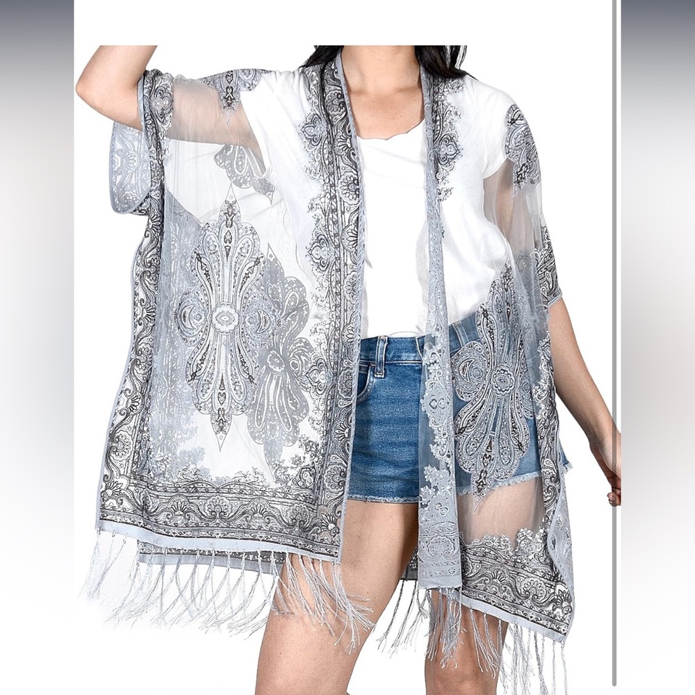 Pretty Persuasions Women's Paisley Burnout Tassel Ends Sheer Shawl Cardigan - Picture 2 of 6